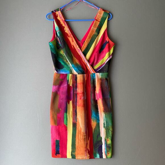 Leslie‎ Fay sz 6 multicolor abstract faux wrap sheath dress - Picture 1 of 8